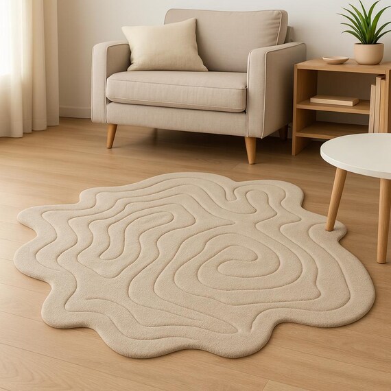 Hand-Tufted Wool Rug, Wavy Beige, Modern Organic Shape
