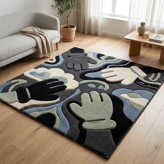 Hand Tufted Wool Rug, Modern Abstract Black Green Blue Cream Rug, Sculptural Statement Carpet for Living Room, Custom Size