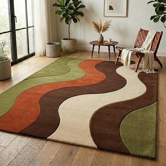 Hand Tufted Mid Century Modern Abstract Wave Rug, Olive Green Brown Rust Cream Wool Area Rug for Living Room, Custom Size Available