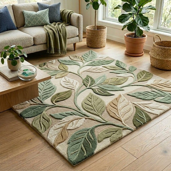 Green Botanical Leaf Rug, Hand Tufted Wool Area Rug, Neutral Beige Floral Carpet, Nature Inspired Living Room Rug, Custom Size