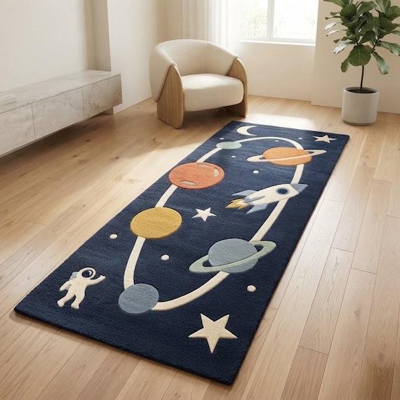 Space Rug Kids Room, Hand Tufted Wool Nursery Runner, Galaxy Astronaut Decor, Outer Space Boys Bedroom Carpet, Custom Size Available