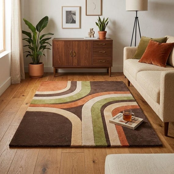 Mid Century Modern Area Rug Hand Tufted Wool Retro Geometric Brown Green Orange Plush Living Room Decor 8x10 9x12 Custom Size