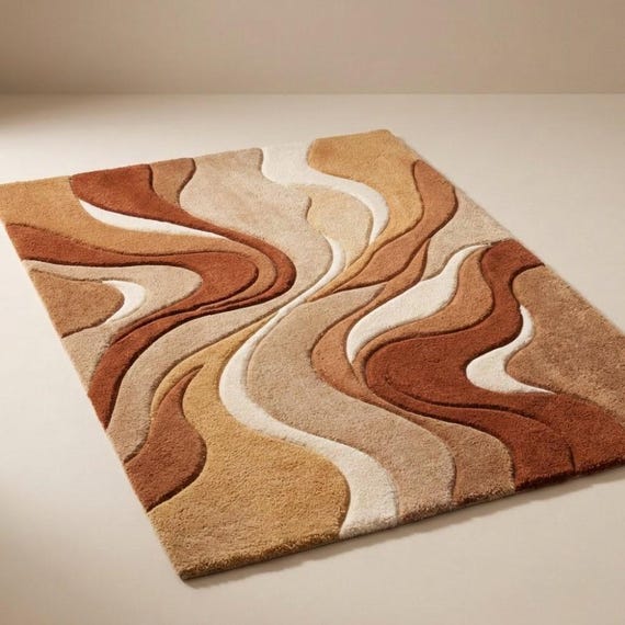 Abstract Wavy Area Rug Mid Century Modern Hand Tufted Wool Rug Terracotta Beige Boho Living Room Carpet Plush Thick Custom Size 8x10 9x12
