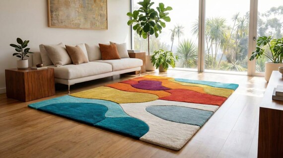 Abstract Area Rug Mid Century Modern Hand Tufted Wool Multicolor Plush Statement Decor for Living Room Bedroom 8x10 9x12 Custom Size XL Rugs
