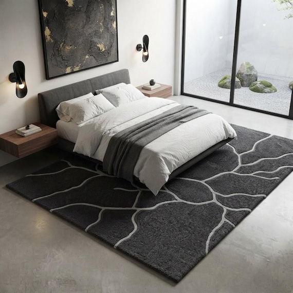 Hand Tufted Wool Rug, Modern Organic Gray Area Rug, Abstract White Lines, Living Room Bedroom Decor, Custom Size Available
