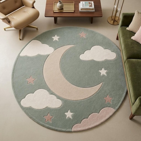 Hand-tufted Wool Moon Nursery Rug, Celestial Cloud Baby Room Decor