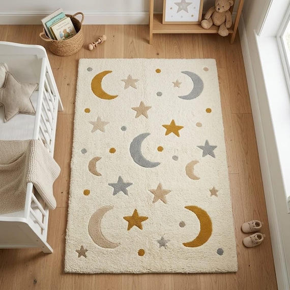 Cream Wool Tufted Moon Star Rug, Modern Boho Nursery Kids Room Carpet