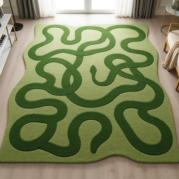 Modern Organic Green Wavy Area Rug Handmade Abstract Contemporary Living Room Carpet Home Decor