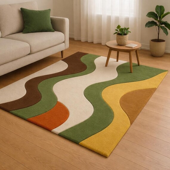 Hand Tufted Abstract Wave Rug | Modern Wool Area Rug | Mid Century Contemporary Living Room Carpet | Custom Size Available