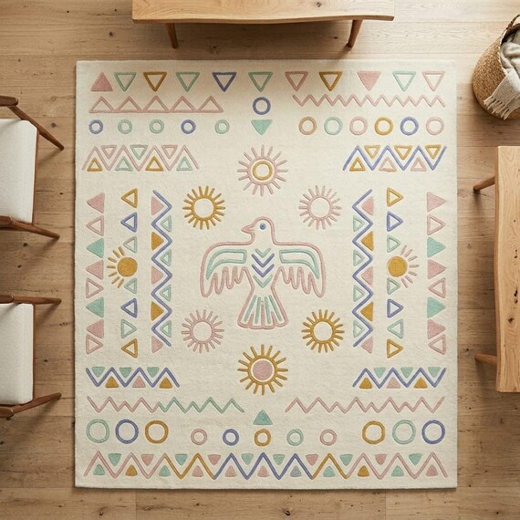 Boho Pastel Geometric Wool Rug, Hand Tufted Tribal Bird Area Rug, Scandinavian Nursery Living Room Rug, Custom Size Available