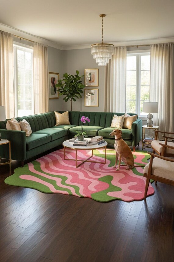 Hand-Tufted Wool Rug, Pink Green Wavy Abstract Irregular Carpet