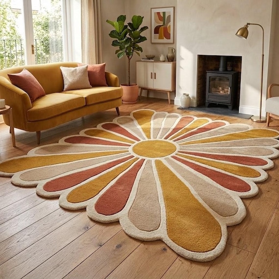 Retro Floral Tufted Wool Rug, Mid Century Modern Flower Area Rug, Boho Mustard Yellow & Terracotta Living Room Decor, Custom Size Available