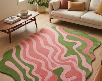 Abstract Pink Green Wool Rug, Hand Tufted Organic Shape Carpet, Wavy Living Room Runner