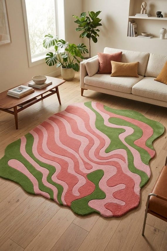 Abstract Pink Green Wool Rug, Hand Tufted Organic Shape Carpet, Wavy Living Room Runner
