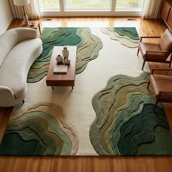 Modern Organic Wool Area Rug Hand Tufted Green Abstract Landscape Carpet Plush Luxury 8x10 9x12 Custom Size Living Room