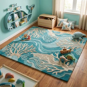 以下が含まれることがあります： 青とベージュの海をテーマにしたラグが敷かれた子供部屋。サンゴと波の模様が特徴です。クジラ型の本棚、木製のおもちゃの潜水艦、海の生き物のデザインの枕が、航海のテーマを加えています。木製のおもちゃ箱とぬいぐるみマナティーも存在します。