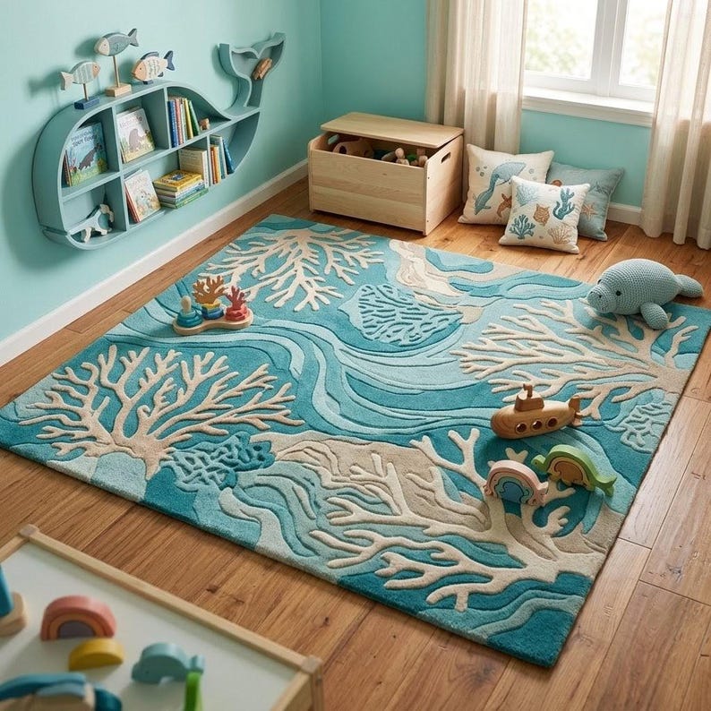 以下が含まれることがあります： 青とベージュの海をテーマにしたラグが敷かれた子供部屋。サンゴと波の模様が特徴です。クジラ型の本棚、木製のおもちゃの潜水艦、海の生き物のデザインの枕が、航海のテーマを加えています。木製のおもちゃ箱とぬいぐるみマナティーも存在します。