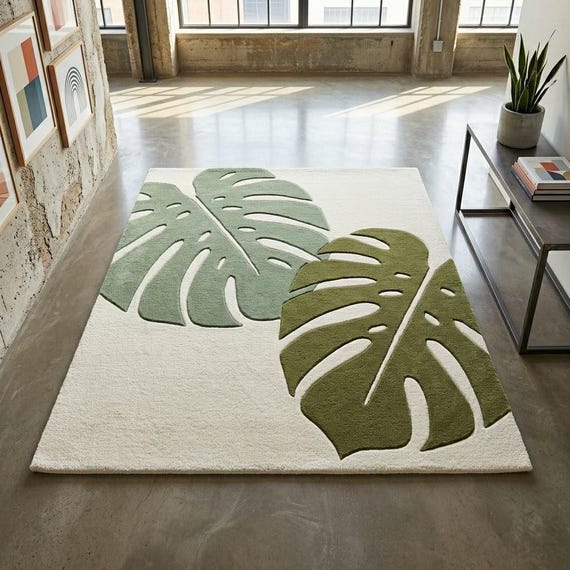 Monstera Leaf Rug, Sage Olive Green Hand Tufted Wool Botanical Area Rug