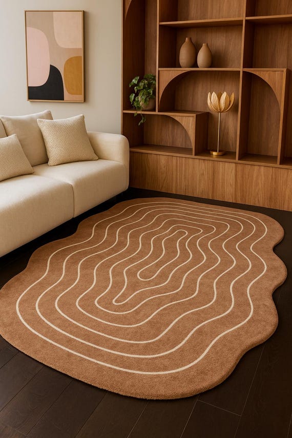 Abstract Wool Area Rug Organic Modern Hand Tufted Brown Cream Contour Luxury Living Room Carpet 8x10 9x12 Custom Size