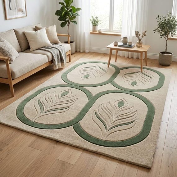 Organic Modern Handmade Wool Rug, Green Beige Sculpted Rug, Japandi Tufted Area Rug, Luxury Leaf Carpet, 8x10 9x12 Custom