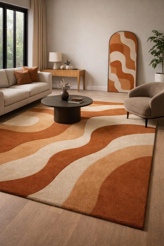 Hand Tufted Abstract Area Rug | Modern Wavy Pattern Carpet | Terracotta Beige Wool Rug | Mid Century Boho Living Room Rug