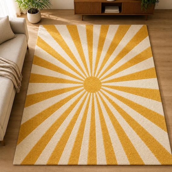 Mid-Century Modern Sunburst Wool Rug | Mustard Yellow Cream Abstract Geometric Area Rug