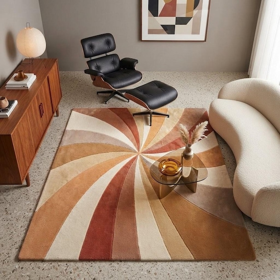 Handmade Wool Rug, Mid Century Modern Area Rug, Terracotta & Mustard Spiral Design, Boho Living Room Decor, Custom Size Available