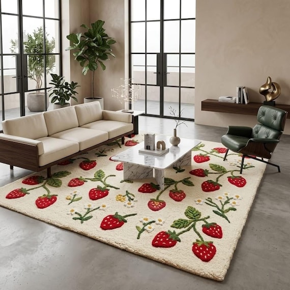 Strawberry Rug Hand Tufted Wool Blend Red Green Cream Fruit Rug for Living Room Nursery Kids Room Farmhouse Decor Custom Size