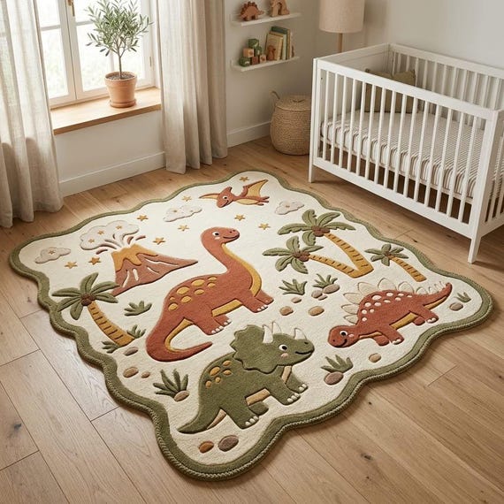 Nursery Dinosaur Rug: Whimsical Hand Tufted Wool Rug for Kids Room, Green & Terracotta Prehistoric Theme, Scalloped Play Mat, Custom Sizes