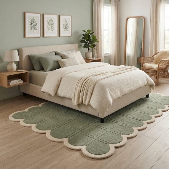 Sage Green Scalloped Area Rug, HandTufted Wool Carpet with Textured Grid Pattern, Unique Bohemian Nursery or Living Room Decor, Custom Sizes