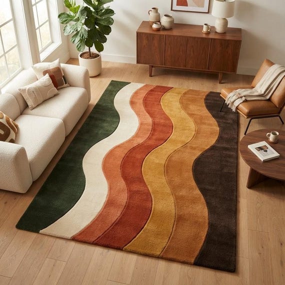 Hand Tufted Wool Rug, Mid Century Modern Wavy Abstract Rug, Rust Green Gold Brown Living Room Rug, Custom Size Available