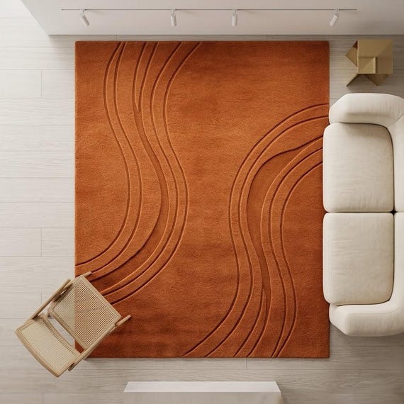 Burnt Orange Wool Area Rug Mid Century Modern Hand Tufted Sculpted Abstract Rug Terracotta Living Room Rug Plush Luxury Carpet 8x10 9x12