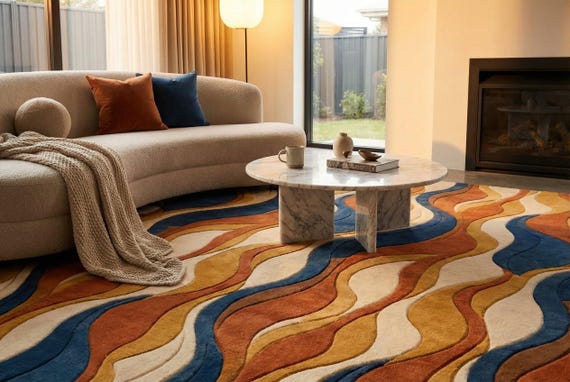 Abstract Wave Area Rug Mid Century Modern Hand Tufted Wool Blue Mustard Terracotta Plush Living Room Decor 8x10 9x12 Custom Size