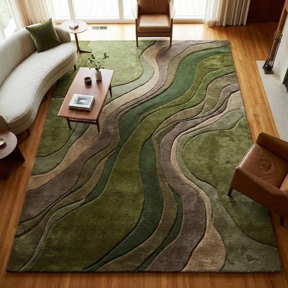 Green Abstract Wool Area Rug Mid Century Modern Hand Tufted Plush Luxury Carpet 8x10 9x12 Large Custom Size