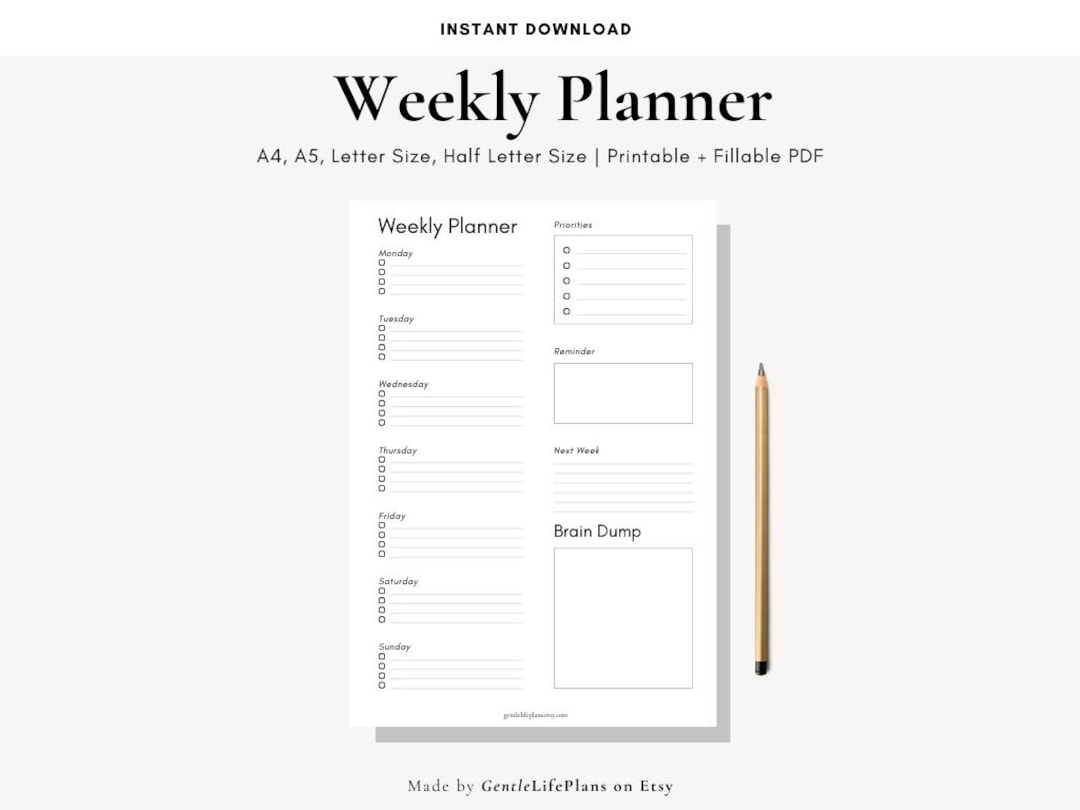 Digital Weekly Planner | Printable & Fillable PDF | A4, A5, US Letter ...