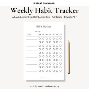 Weekly Habit Tracker Printable & Fillable PDF | A4 A5 US Letter Half Letter | Minimalist Habit Sheet | Digital Download