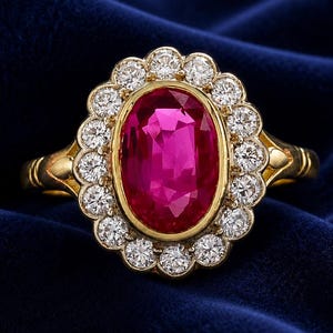 May include: A gold ring featuring a large, oval-cut, vibrant pinkish-red gemstone at the center. The central stone is surrounded by a halo of small, round, clear white diamonds set in a scalloped, petal-like arrangement on a polished gold band.