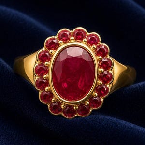 May include: A gold ring featuring a large oval-cut red ruby at the center, surrounded by a halo of smaller round-cut red rubies. The setting is polished yellow gold, and the design showcases a classic cluster style with vibrant red gemstones.