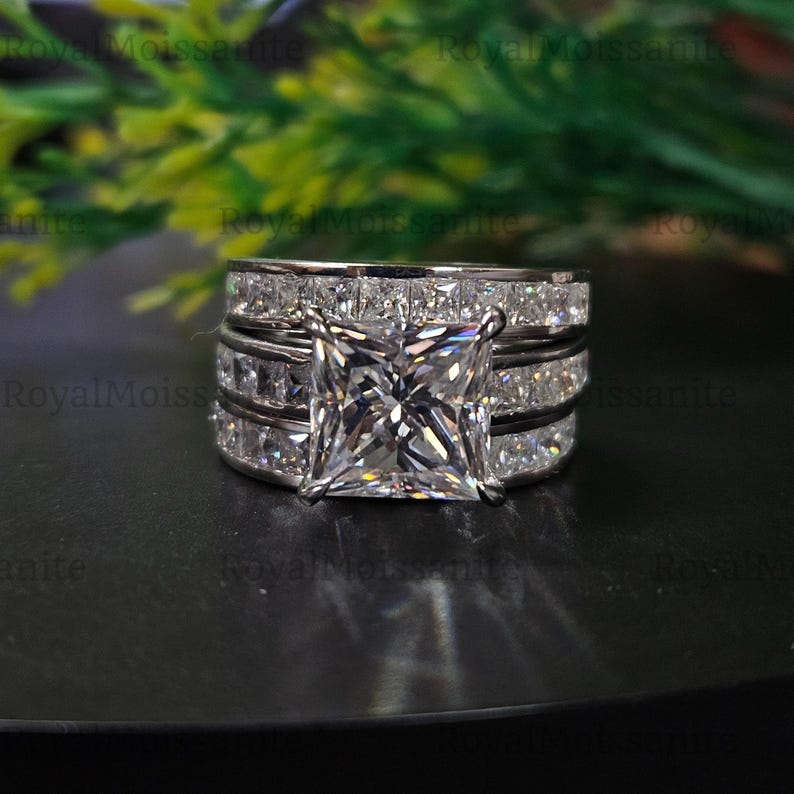 Princess Cut Moissanite Wedding Ring Set, 14K White Gold Plated Bridal ...