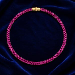 Tempest Lab Pink Ruby Tennis Necklace: 2.5mm Round Brilliant, Blackened Gold Statement Jewelry
