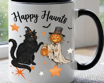 黒猫とカボチャが描かれたパーソナライズされたハロウィンマグカップ、ハッピーホーンツコーヒーカップ、不気味な季節のギフト、ハロウィンデコレーション、猫好きへのギフト