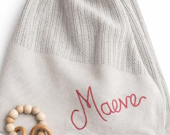 Hand Embroidered Baby Blanket – Personalised Cotton Cellular Blanket - Available in Grey or White