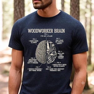 Op de afbeelding: Een donkerblauw gemêleerd t-shirt met een afbeelding getiteld WOODWORKER BRAIN. Het ontwerp toont een brein verdeeld in twee helften, één anatomisch en één opgebouwd uit houtbewerkingsgereedschap, met acht gelabelde figuren en teksten.