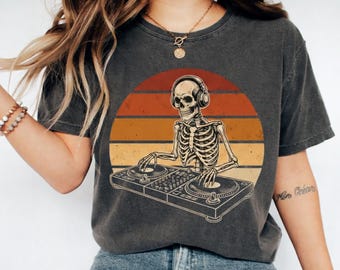 Skeleton DJ T-Shirt, Retro Sunset Vinyl Record Player Graphic Tee