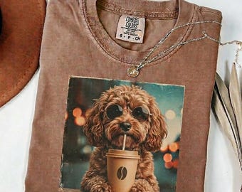 Goldendoodle Coffee T-Shirt, Dog Lover Graphic Tee, Iced Coffee Pup Shirt