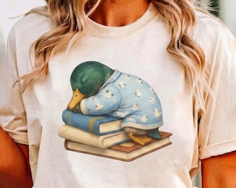 Sleeping Mallard Duck Pajamas Graphic Tee, Cozy Book Lover T-Shirt