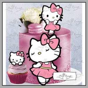 May include: A pink cake, cupcake, and macarons are decorated with Hello Kitty characters. The cake has pink icing and is topped with a white flower. The cupcake has pink icing and a red case. The image includes the text "Sweet Enough".