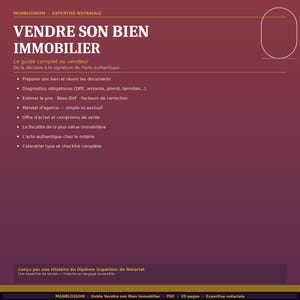 Peut inclure: Document de couleur bordeaux intitulé "VENDRE SON BIEN IMMOBILIER" avec du texte blanc. Il détaille les étapes de la vente immobilière, incluant diagnostics et aspects légaux. Guide pour les vendeurs.