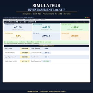 May include: A financial investment simulator interface with data visualizations. The screen displays key metrics like gross yield, net yield, and cash flow, along with financial summaries and property details.