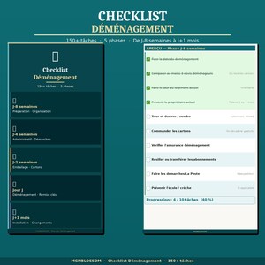 May include: A teal and white checklist titled "CHECKLIST DÉMÉNAGEMENT" with sections for tasks and phases of a move. The checklist includes a progress bar showing 40% completion and a list of tasks.